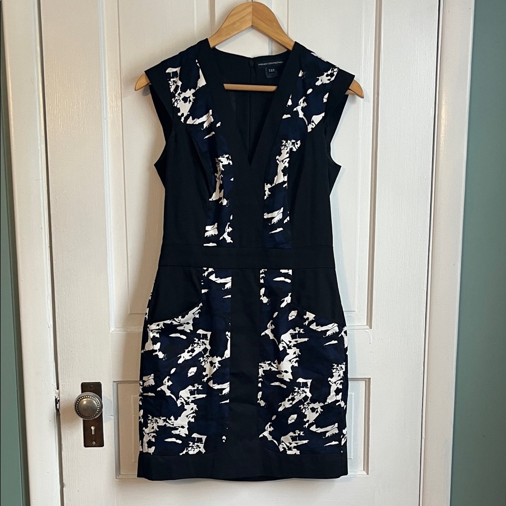 French Connection Black, White & Blue Patterned Dress